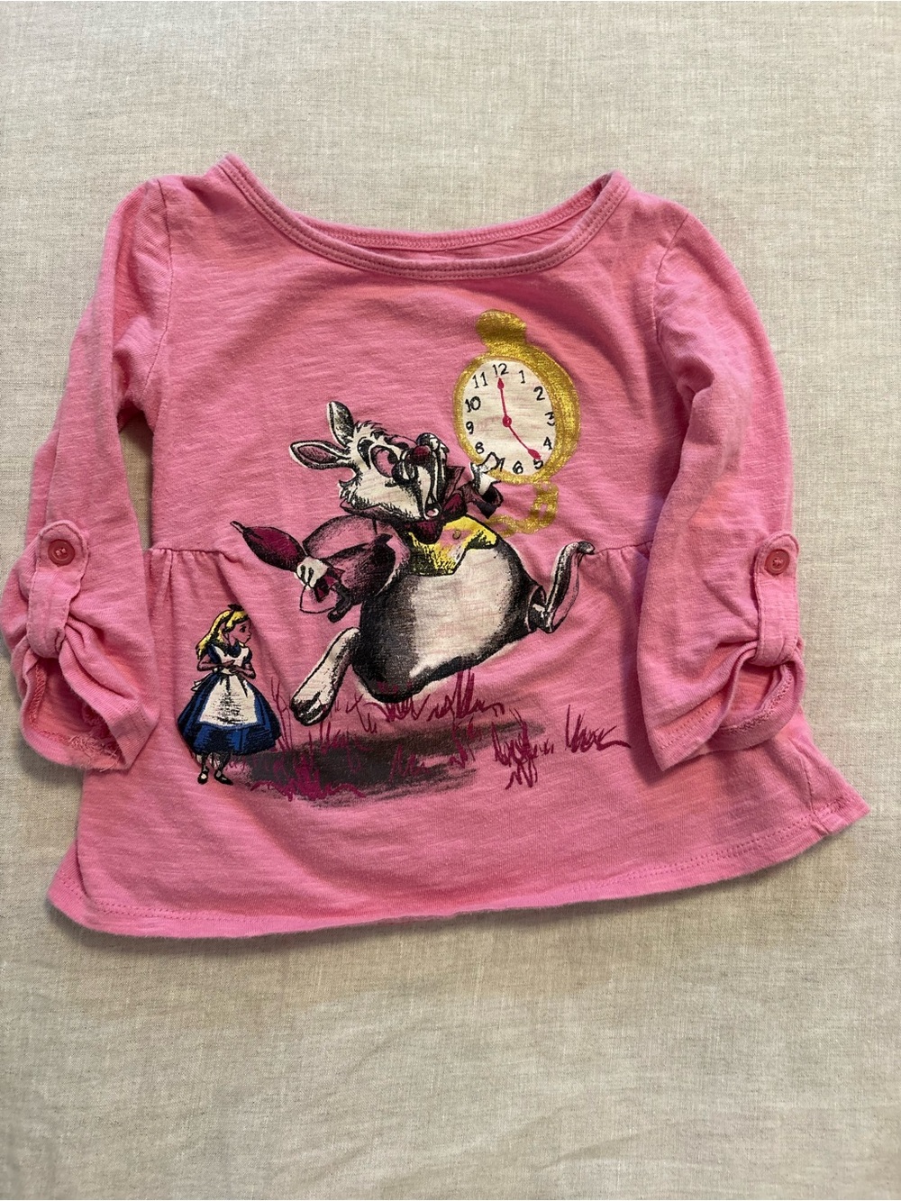 Disney Alice in Wonderland White Rabbit Pink Peplum Top Size 4T Long Sleeve